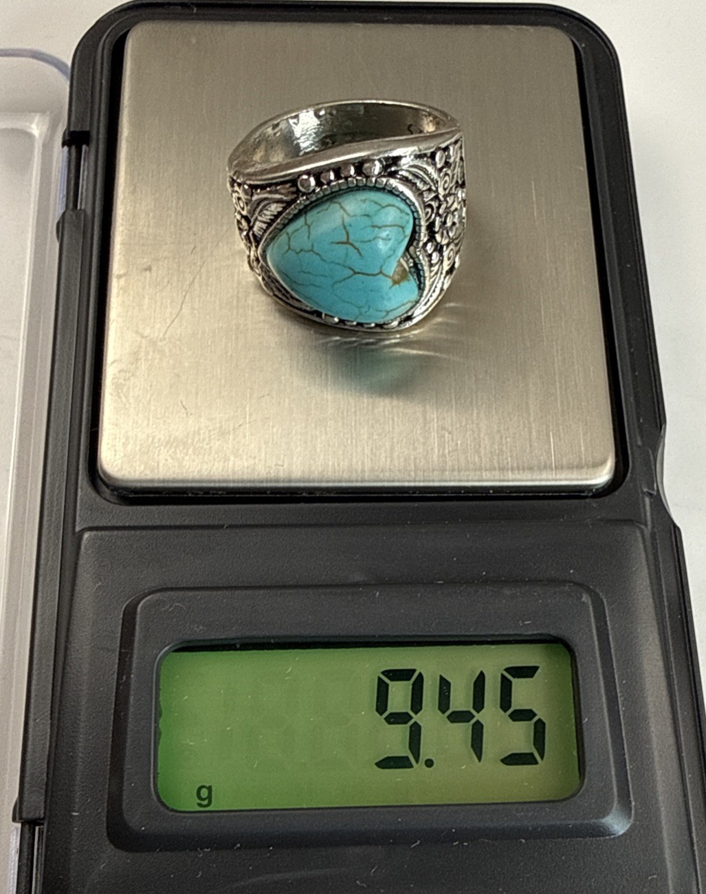 Native American Turquoise Heart Sterling Silver Ring Sz 8 Feathers Flowers 9.45g