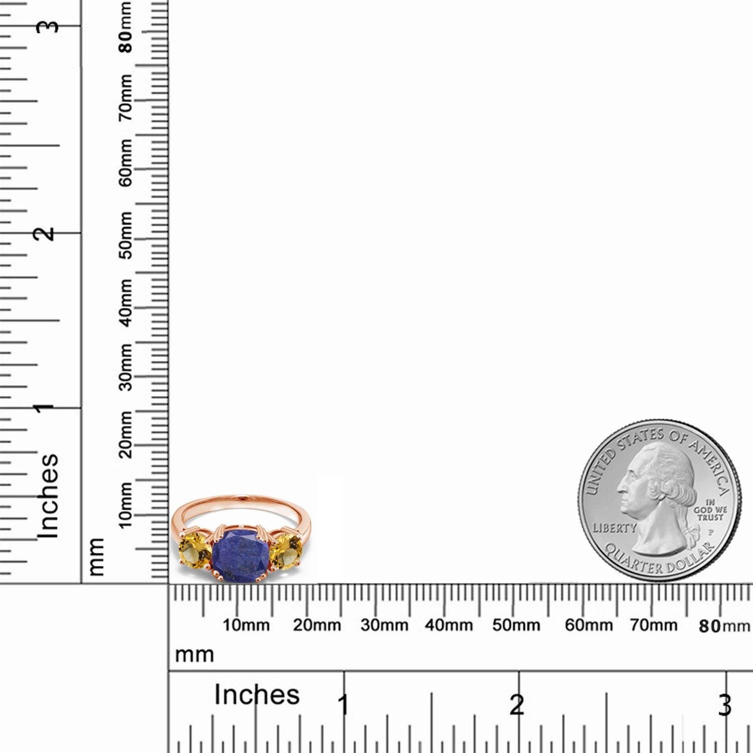 18K Rose Gold Plated Silver Blue Lapis and Citrine 3 Stone Engagement Ring For