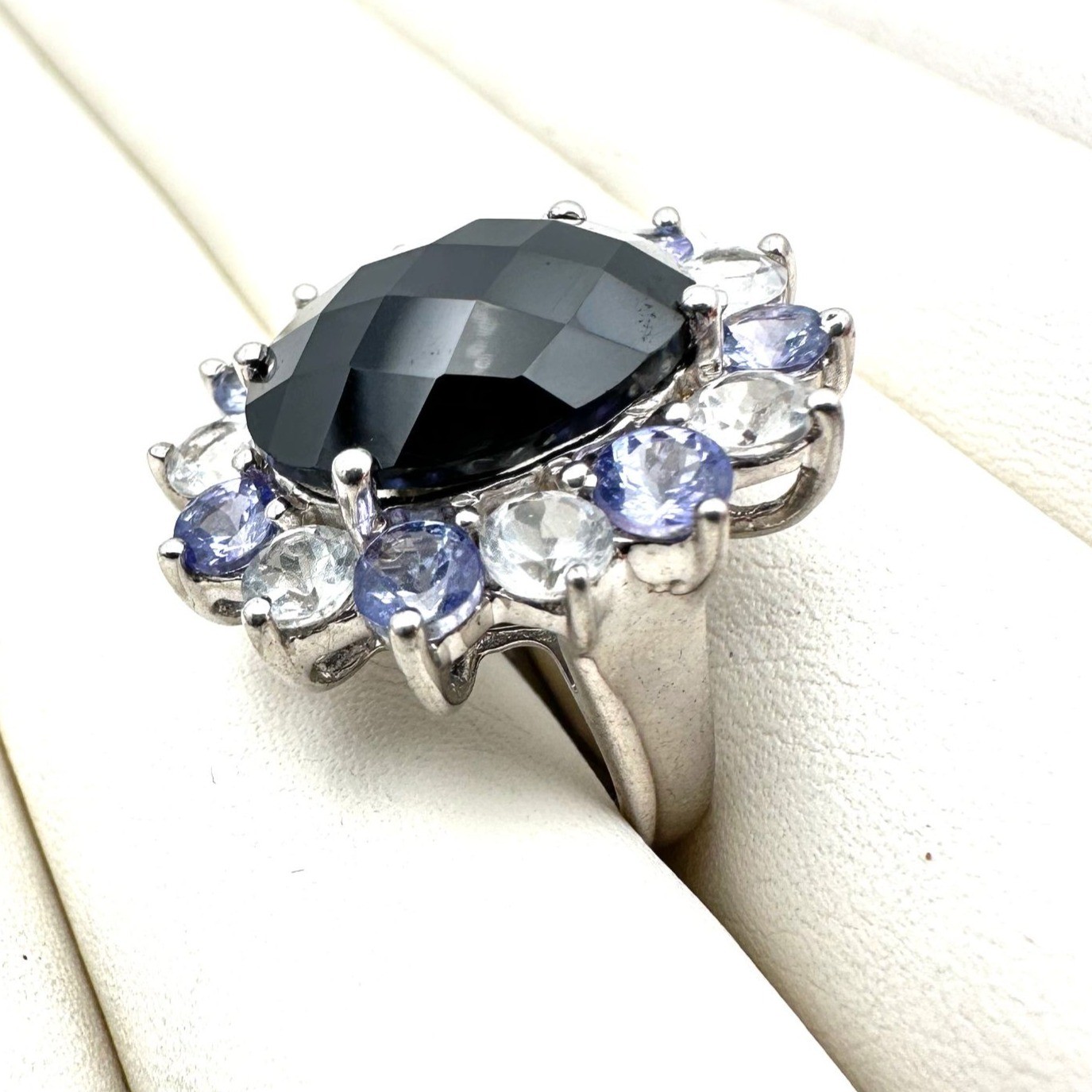 Purple Clear Black Multi-Gemstone Statement Ring Sterling Silver Size 6