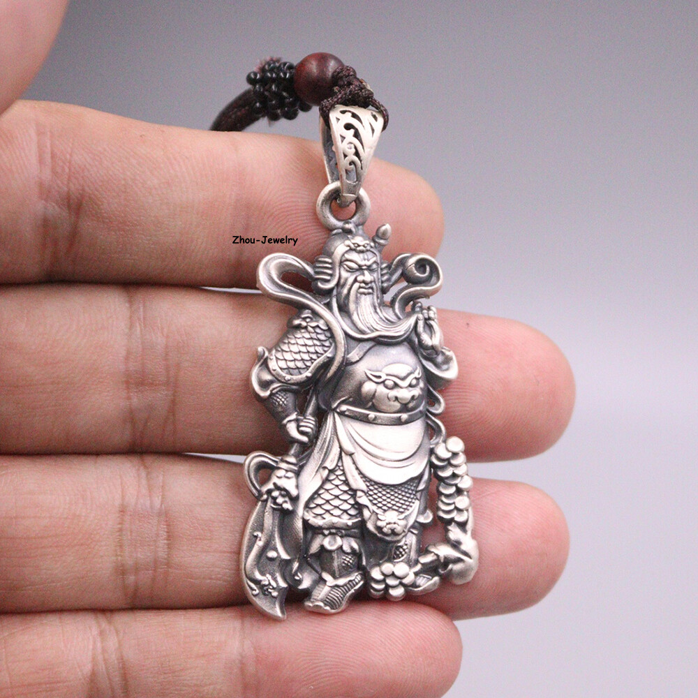 Pure S999 Fine Silver 999 Men Women Lucky Guangong Oblong Pendant 51*26mm