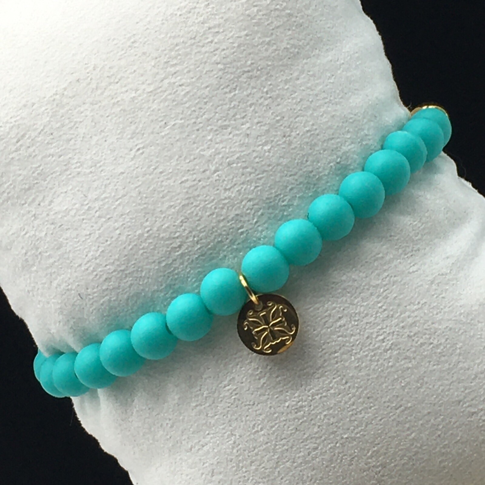 Rustic Cuff Mini Melanie Gold Tone Bracelet Teal Silicone Beaded Charm Logo