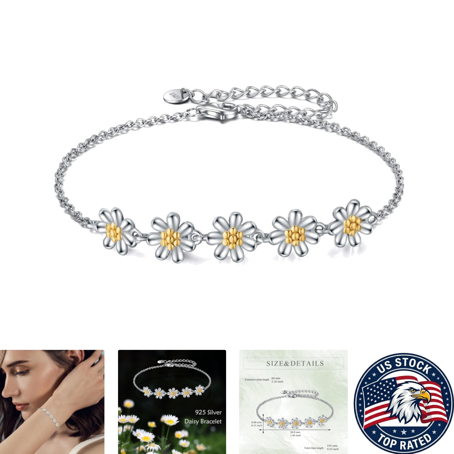 Charming Daisy Flower Bracelet in Sterling Silver – Gift-Ready for Any Occasion