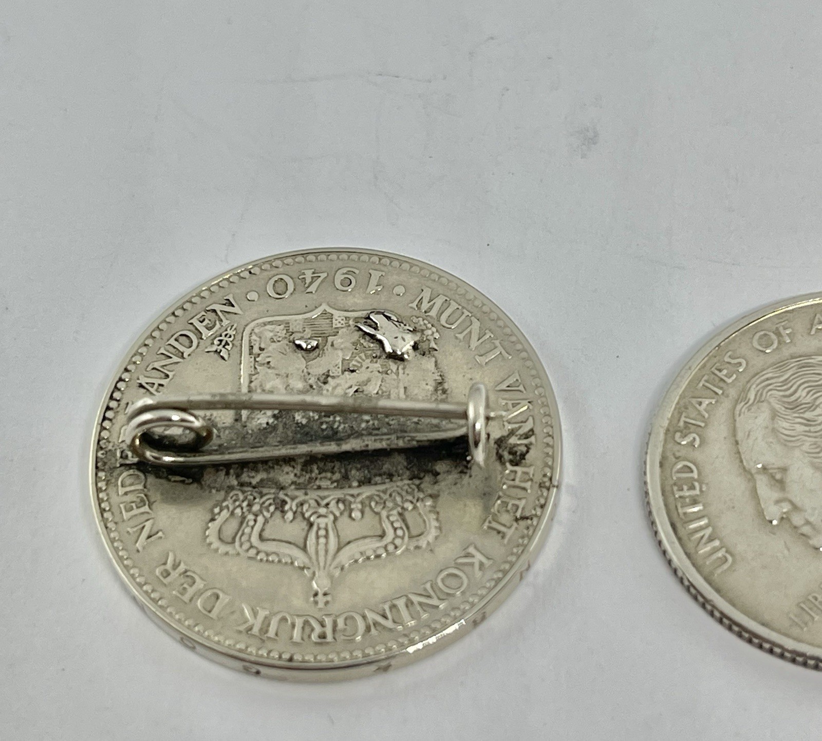 Vintage Queen Wilhelmina of The Netherlands 1940 Coin Hallmarked Sterling Brooch