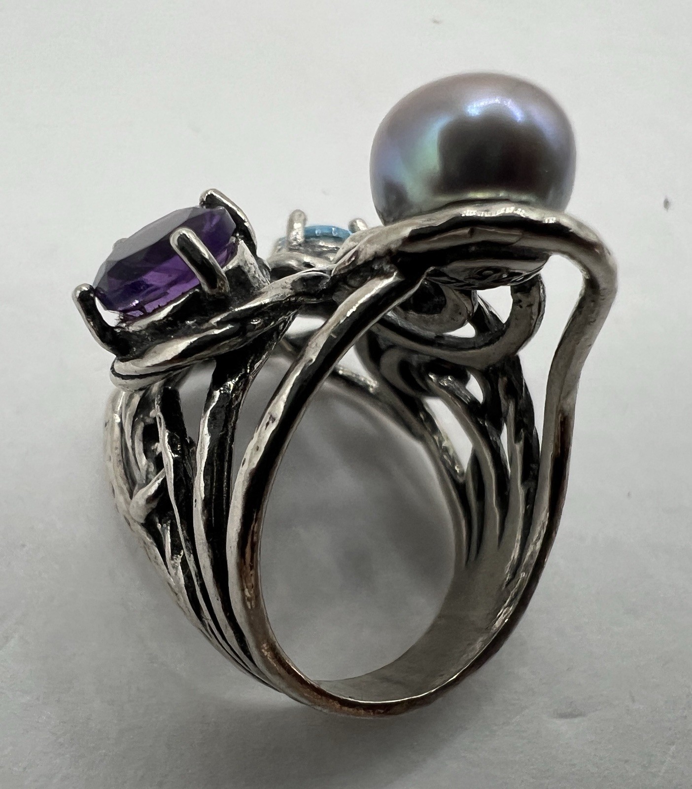 PZ Paz Creations Sterling Silver Pearl Amethyst Topaz Brutalist Split Shank Ring