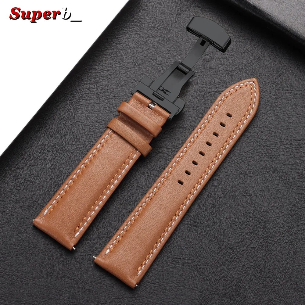Genuine Calfskin Leather Watch Band 20mm 22mm 24mm Butterfly Buckle Strap