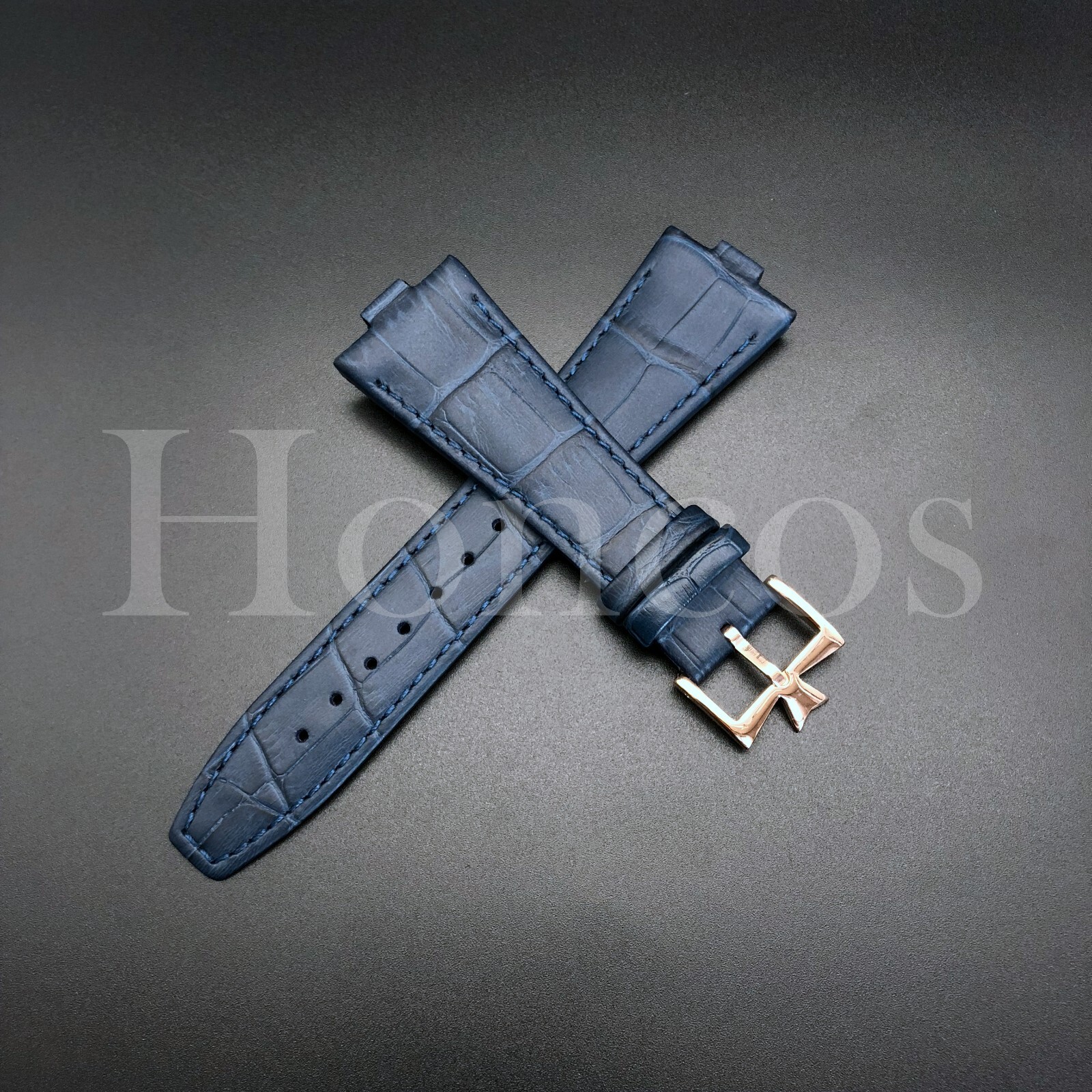 26X18MM D/Blue Genuine Leather Watch Strap Band Fits For VC Overseas Rose Buckle
