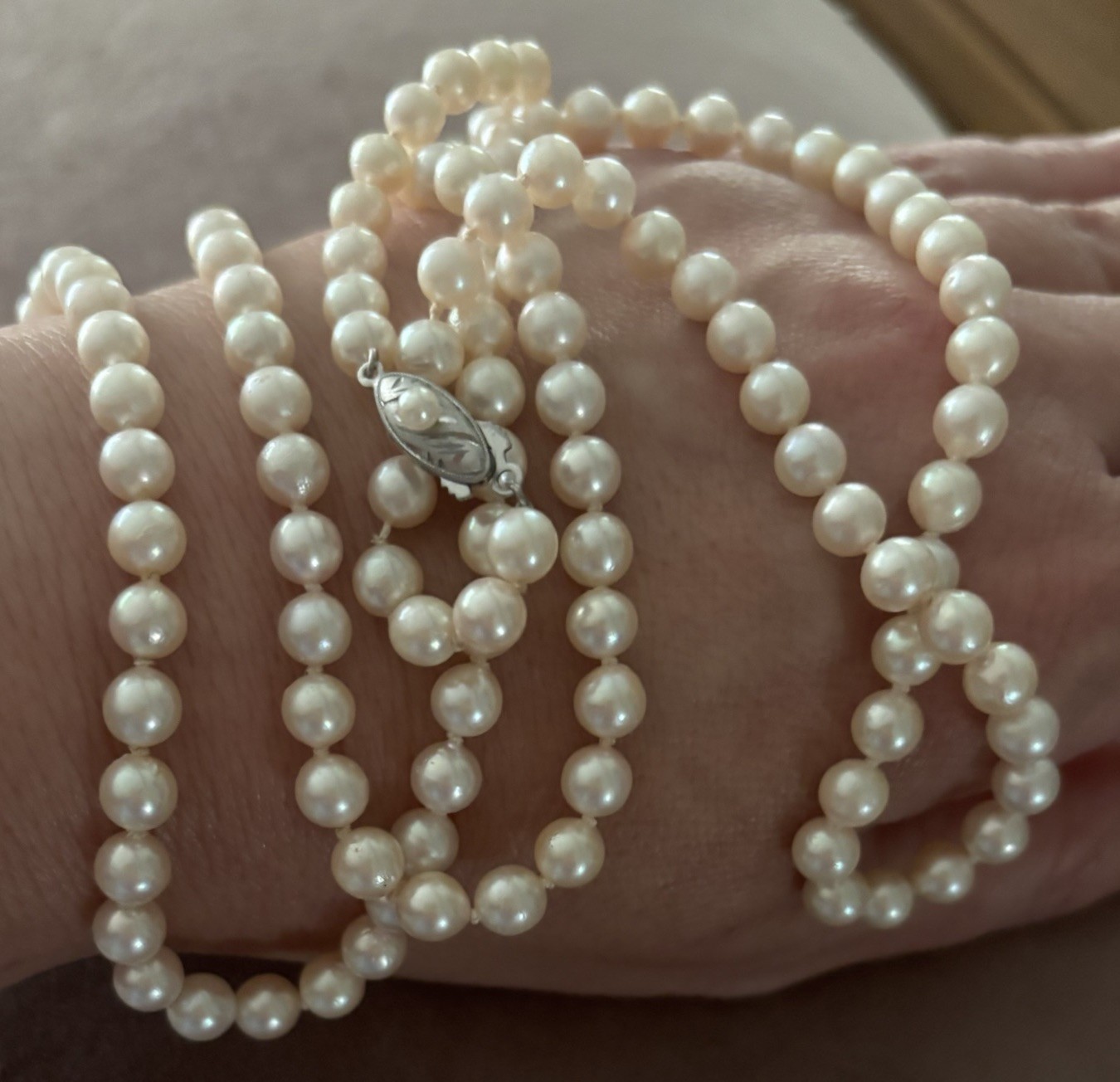 Vintage Akoya Pearl Necklace Silver Clasp 6mm 35” Opera Length Creamy Hue