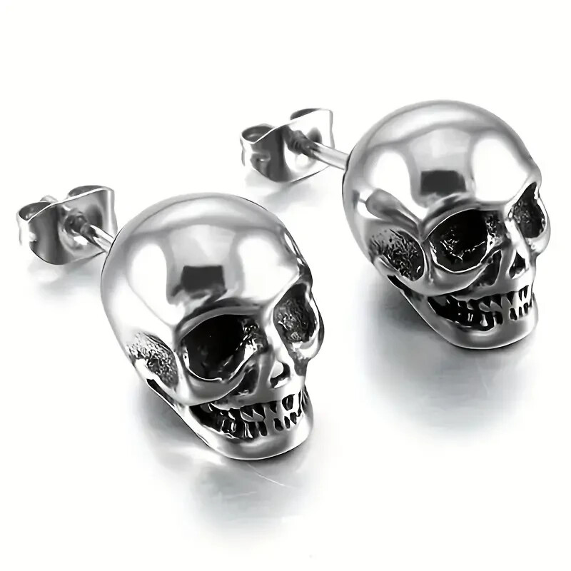 Vintage Inspired Spooky Gothic Silver Skull Stud Earrings for Everyday Halloween