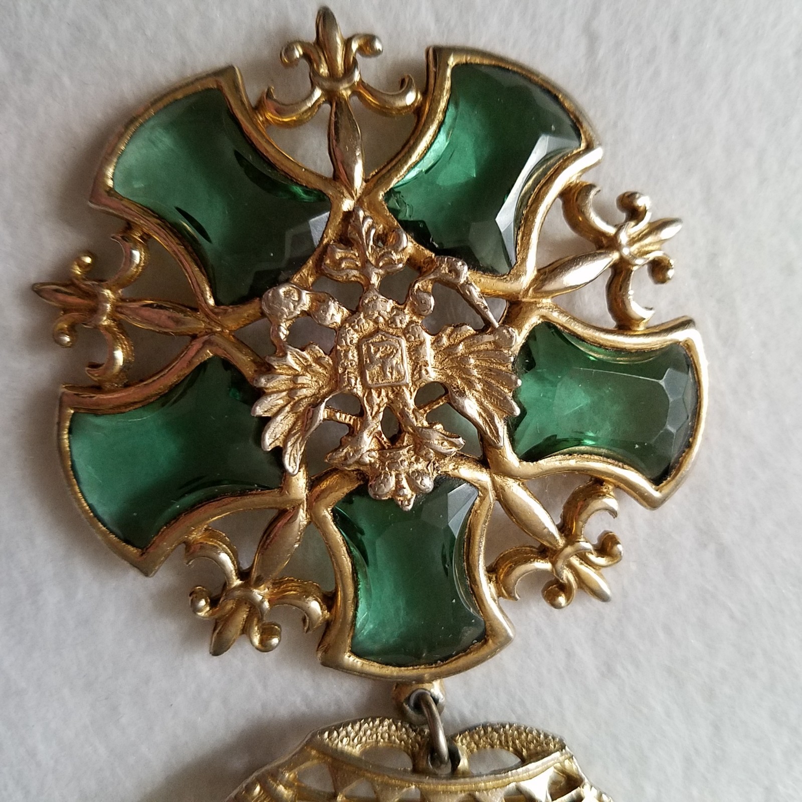 Vintage Crown Doubled-Headed Eagle Shield Green Rhinestone Fleur de Lis Brooch