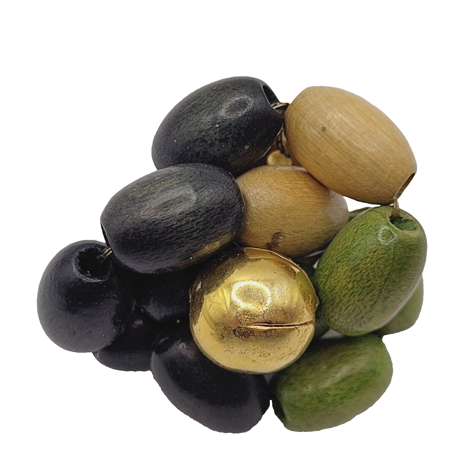 Hand Beaded Wood Bead Olive Black Tan Oval Cluster MCM 1950s Screw Back Earrings