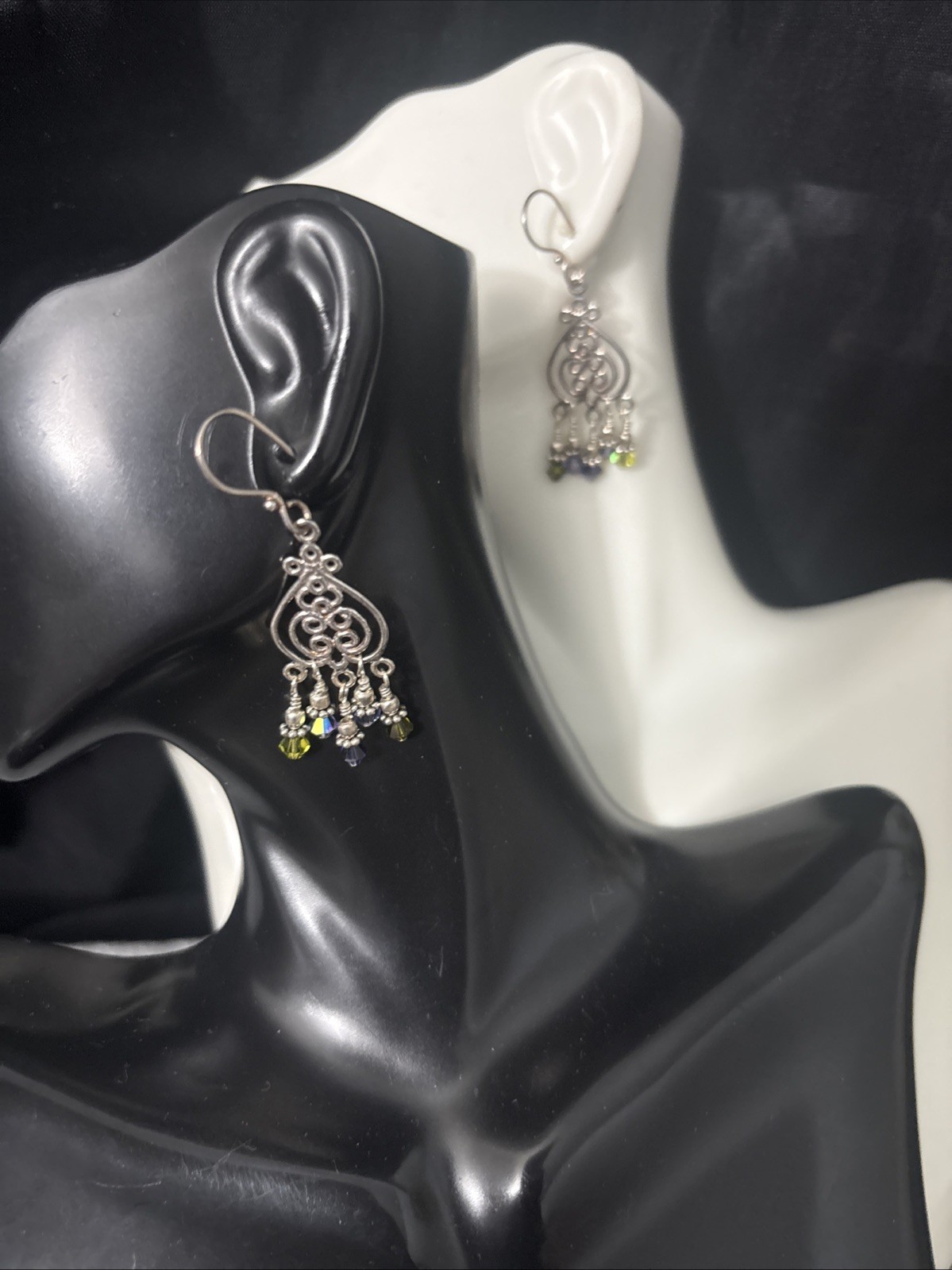 Vintage Sterling Silver Drop Earrings Green Purple Beads Dangle 6g 2”