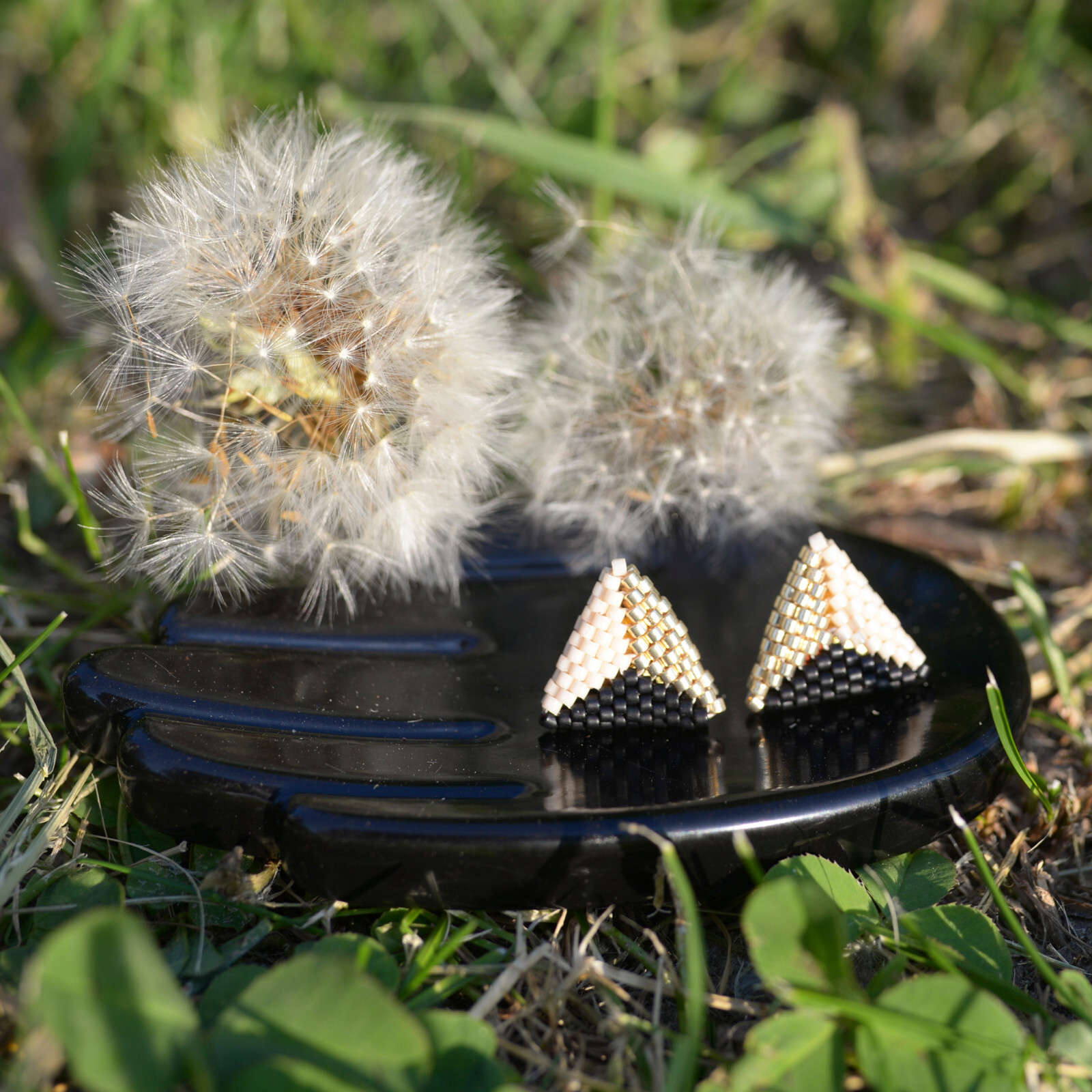 Color block miyuki beaded earrings, Triangle geometric seed bead stud earrings