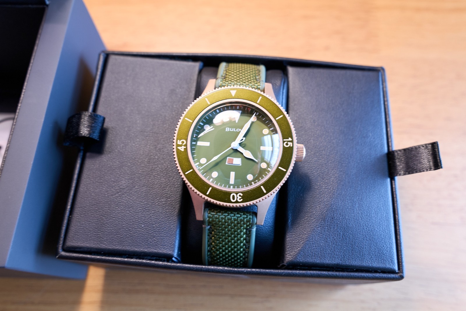 Bulova 98A324 MIL-SHIPS Bronze Auto 150th Anniversary Green Dial Sapphire 200MWR