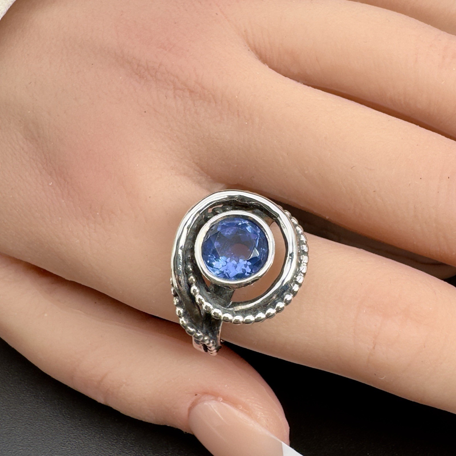 925 PZ Israel Sterling Double Band Ring w/ Faceted Iolite Gemstone Sz 8