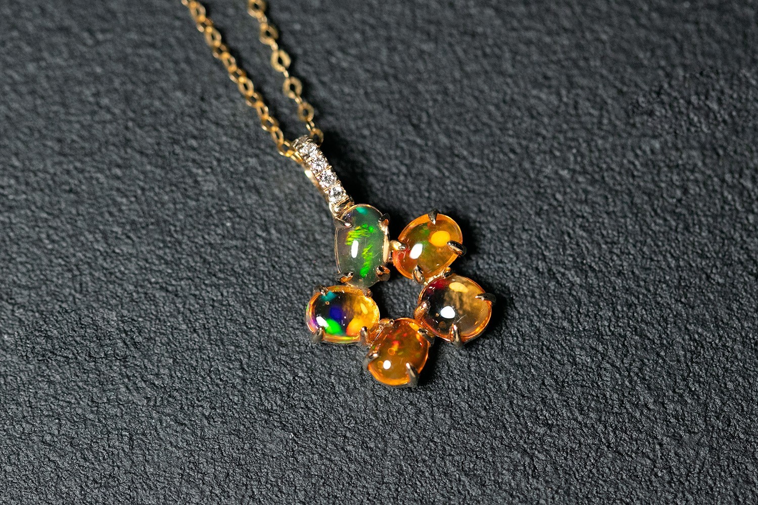 Flower Design Mexican Fire Opal Diamond Pendant Necklace 14k Yellow Gold
