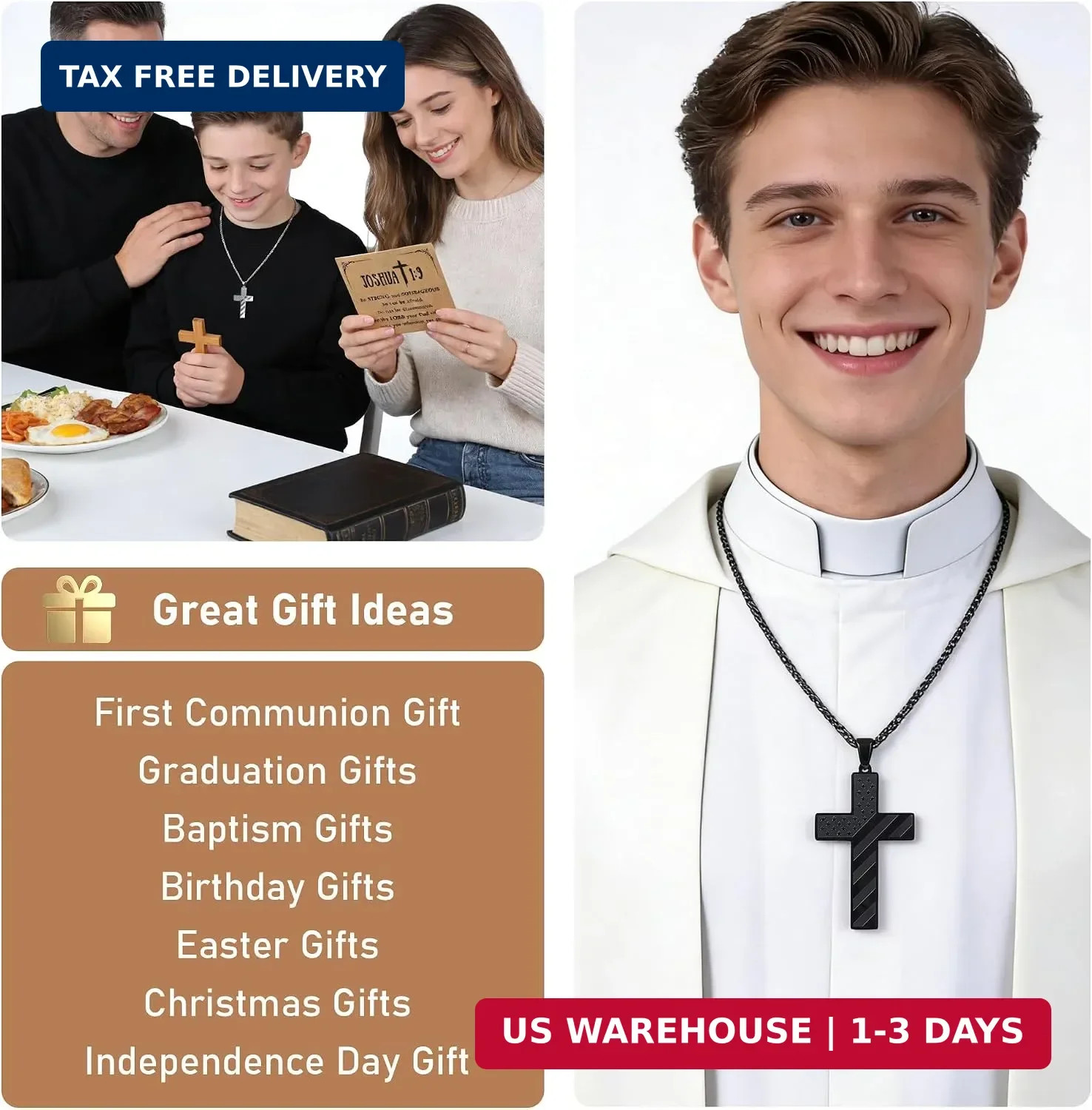 Cross Necklace for Men, 2 Pcs American Flag Bible Verse Chain for Confirmation E