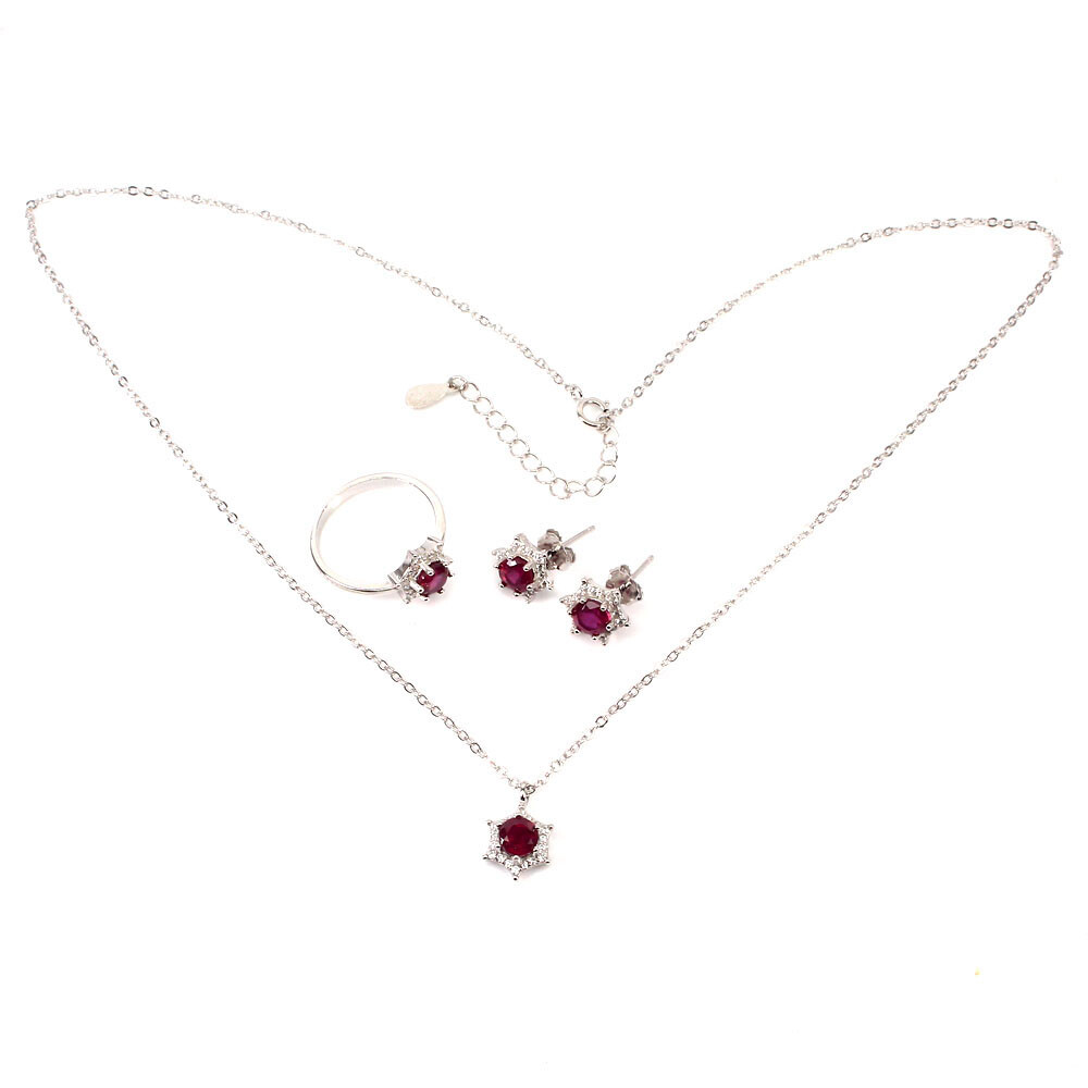 925 Sterling Silver Sets Necklace Earrings Ring Round Ruby 5mm Gemstone Jewelry