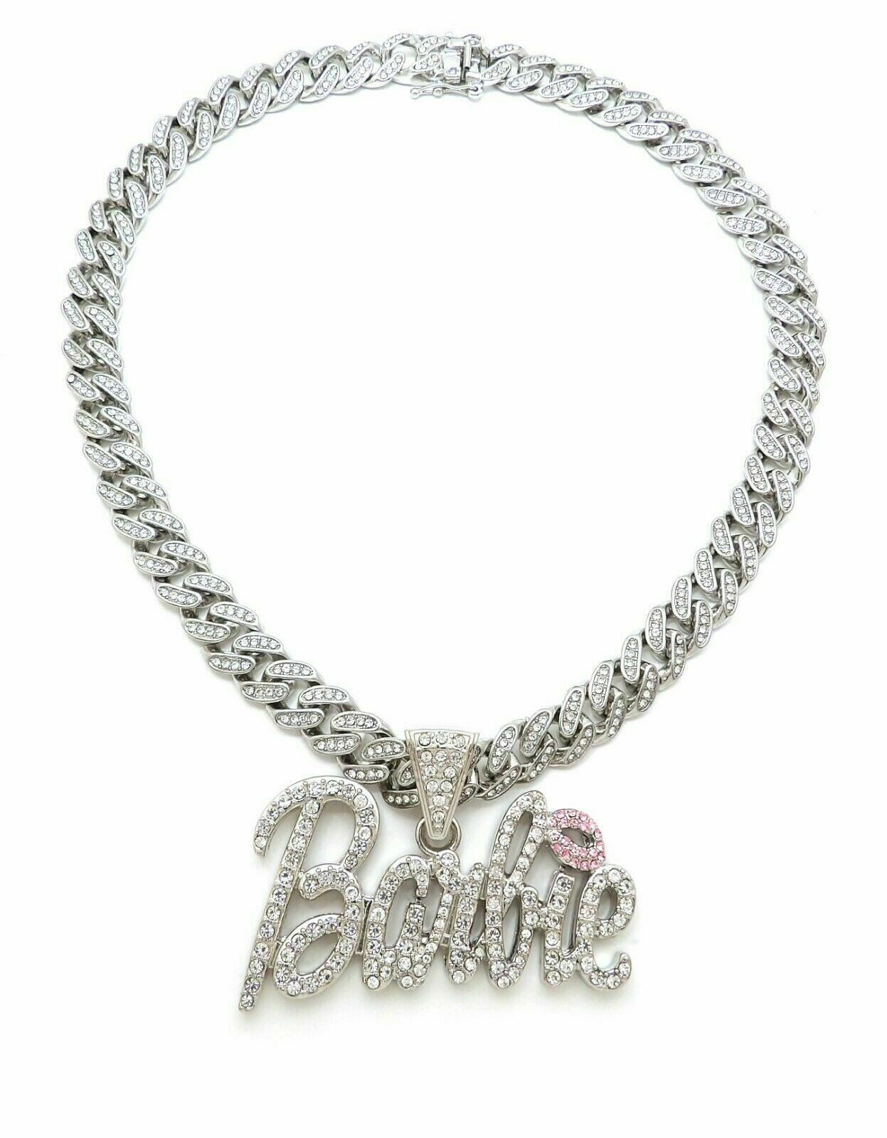 NICKI BARBIE PENDANT MIAMI CUBAN LINK CHAIN NECKLACE SILVER BARBS RAPPER ICEY