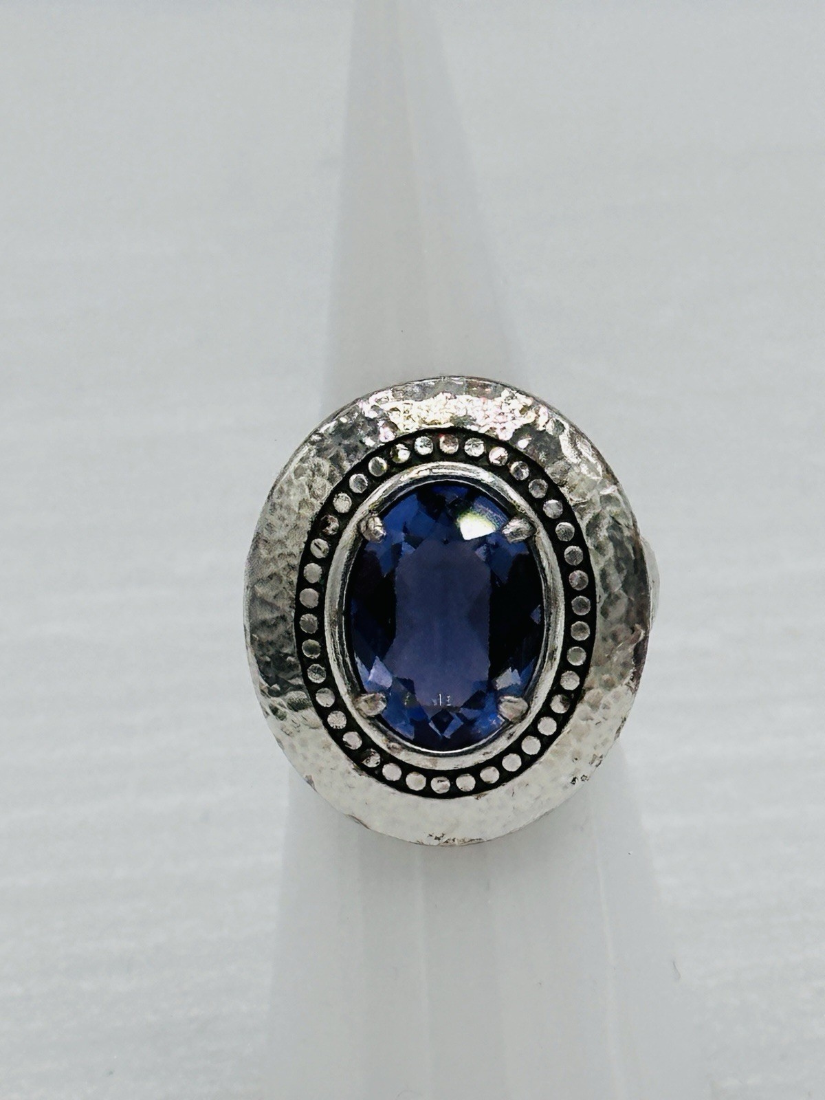 Brighton Silver Plated Blue Crystal Halo Statement Ring Hammered Band 5.75
