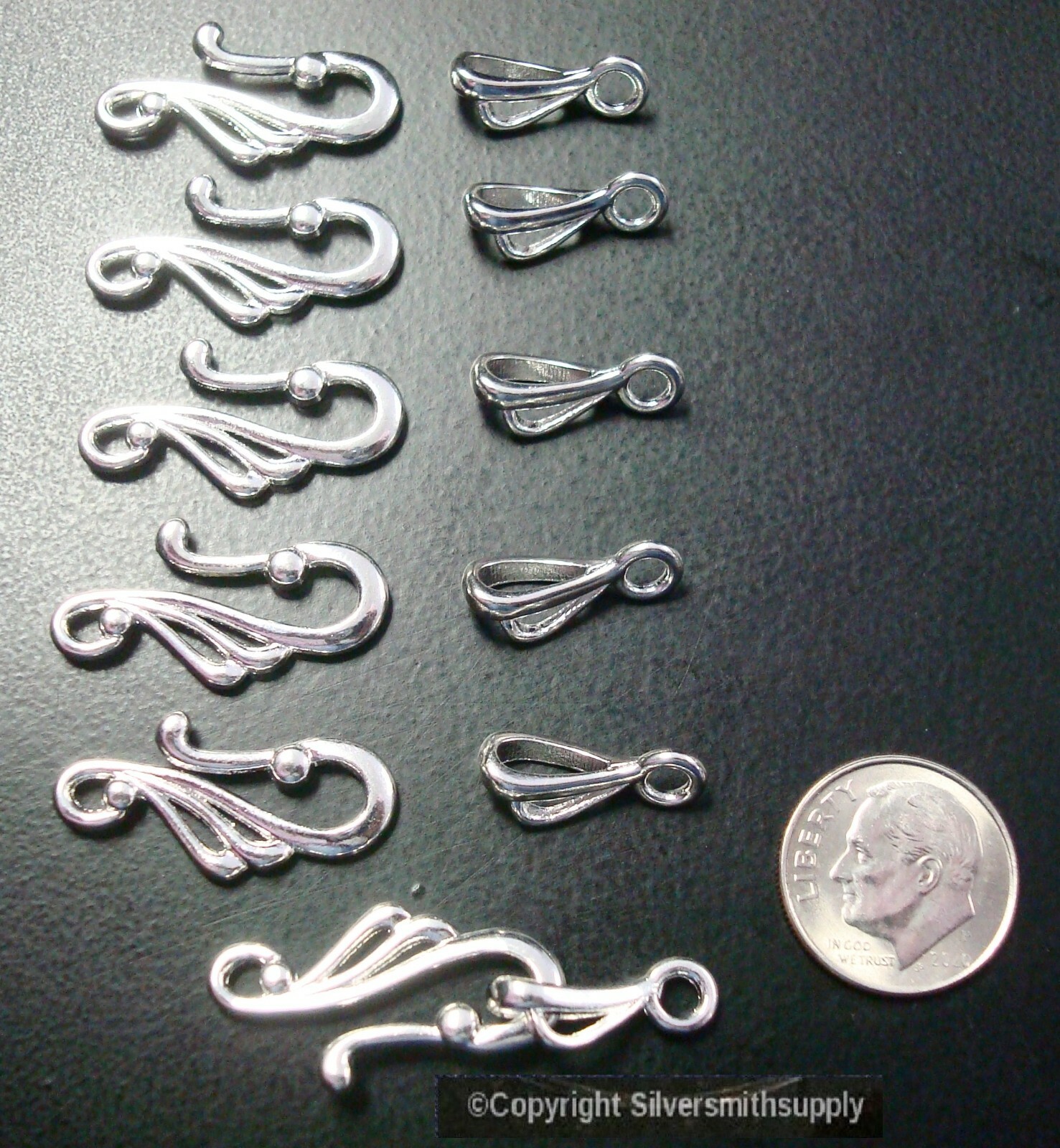 6 Hook & eye clasp sets necklace bracelets anklets BRITE silver plated FPC241