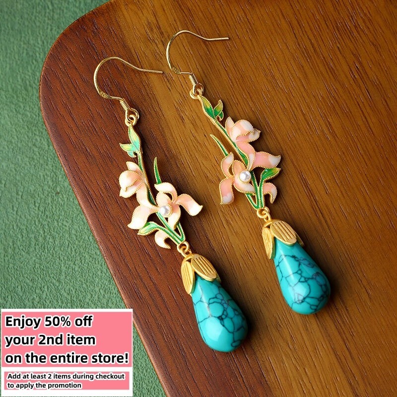 Bohemian Turquoise Drop Dangle Earrings Gemstone Flower Ear Hook 18K Gold Plated
