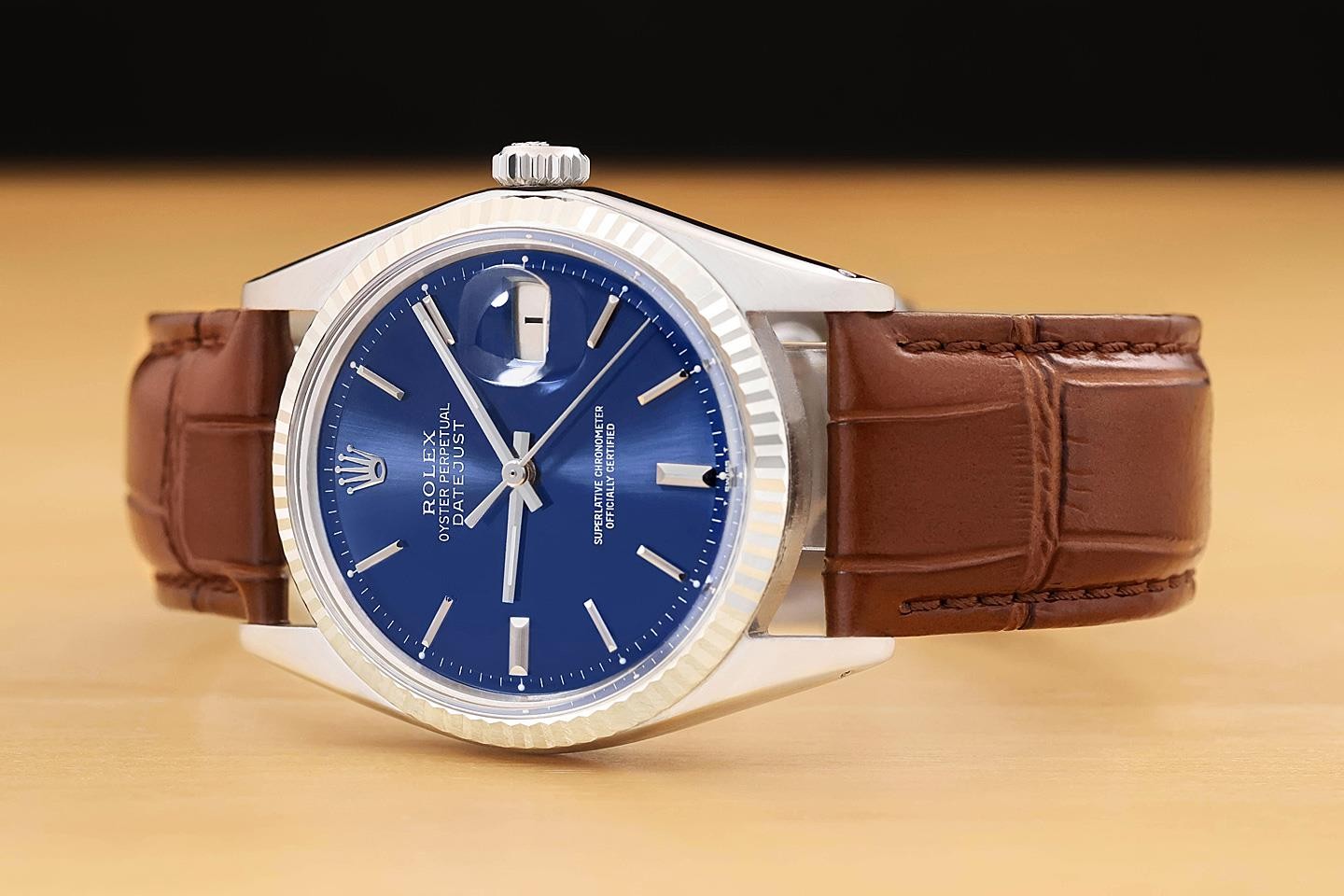ROLEX MENS DATEJUST 1601 BLUE DIAL 18K WHITE GOLD STEEL WATCH w/ LEATHER BAND