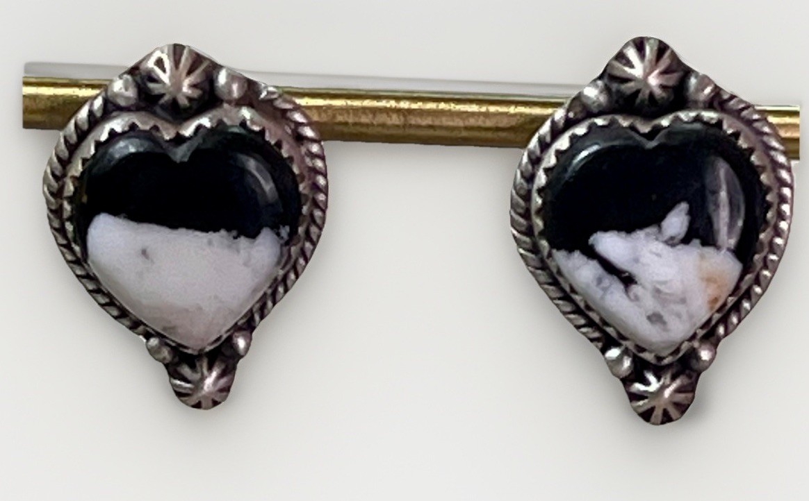 White Buffalo Heart Stud Sterling Silver Handmade Earrings SW Native Style 6g