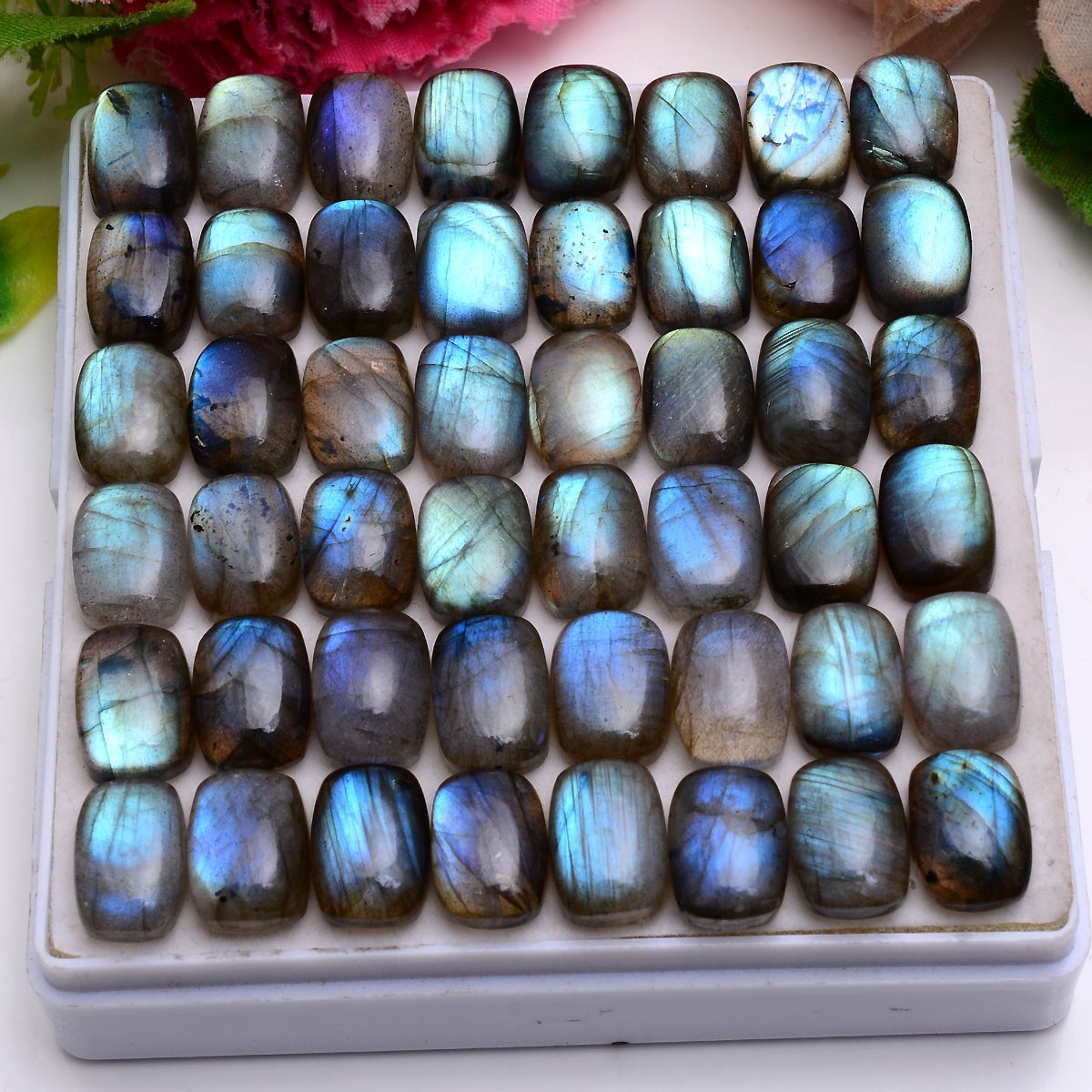 Set Of 18 Pcs Natural Labradorite 14mmx10mm Cushion Cabochon Loose Gemstones Lot