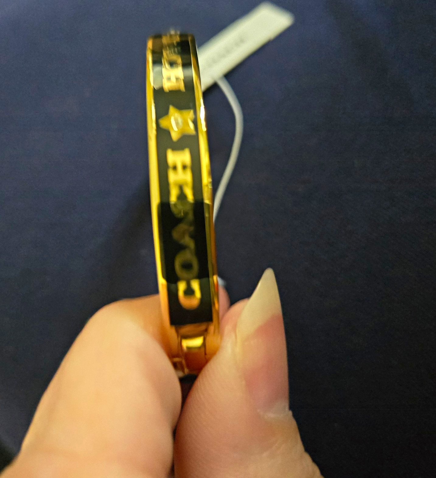 Coach Gold Tone Black Enamel Logo Bangle Bracelet Signed with Hang Tag