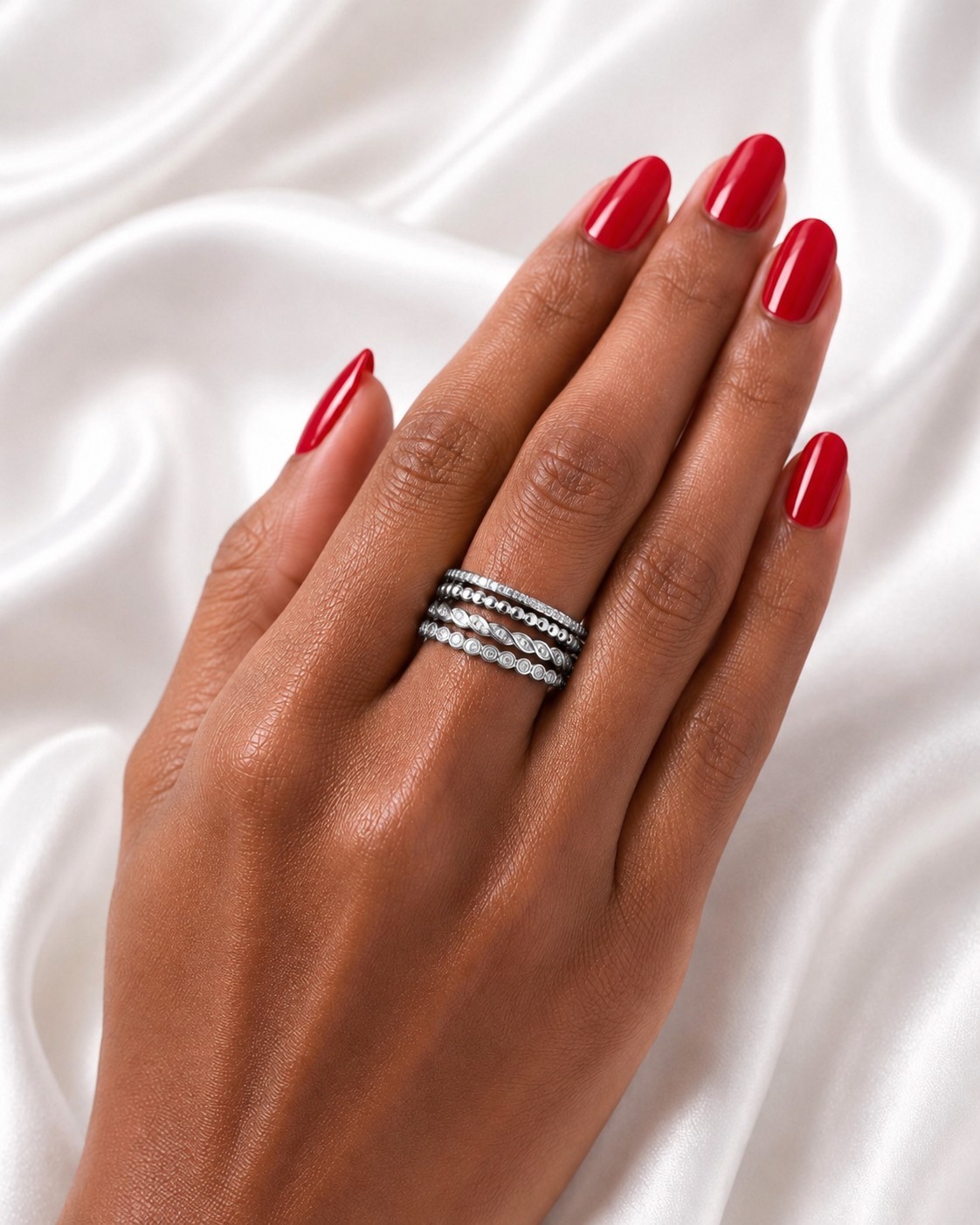 925 Sterling Silver Natural Diamond Ring Stack Band 0.23 CT Multi Row Size 7