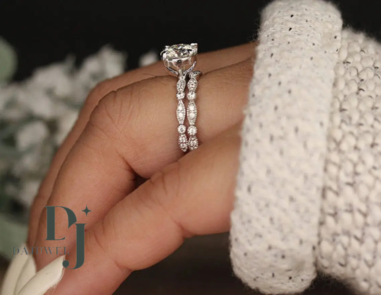 2 Ct Round Cut Bridal Set White Moissanite Engagement Ring Solid 14k White Gold