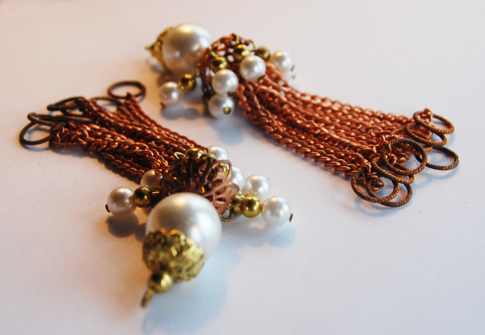 VINTAGE 2 PEARL CHAIN FRINGE TASSEL PENDANTS COPPER BRASS PEARLS • 3.5 inches