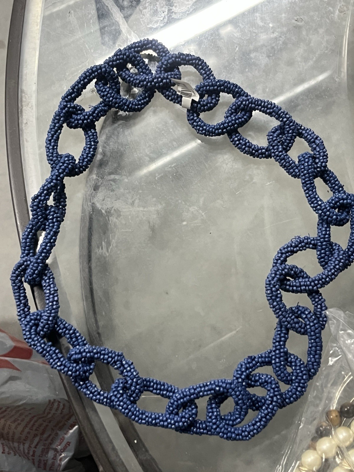 Blue Seed Bead Chain Link Statement Necklace Handmade Woven Magnetic Clasp