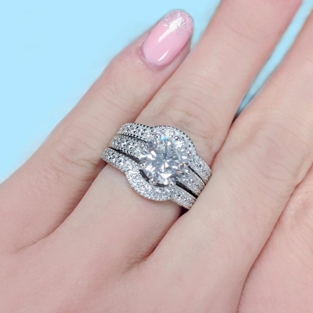 Classic Hers Solid Sterling Silver His Tungsten Wedding Engagement Ring Band Set