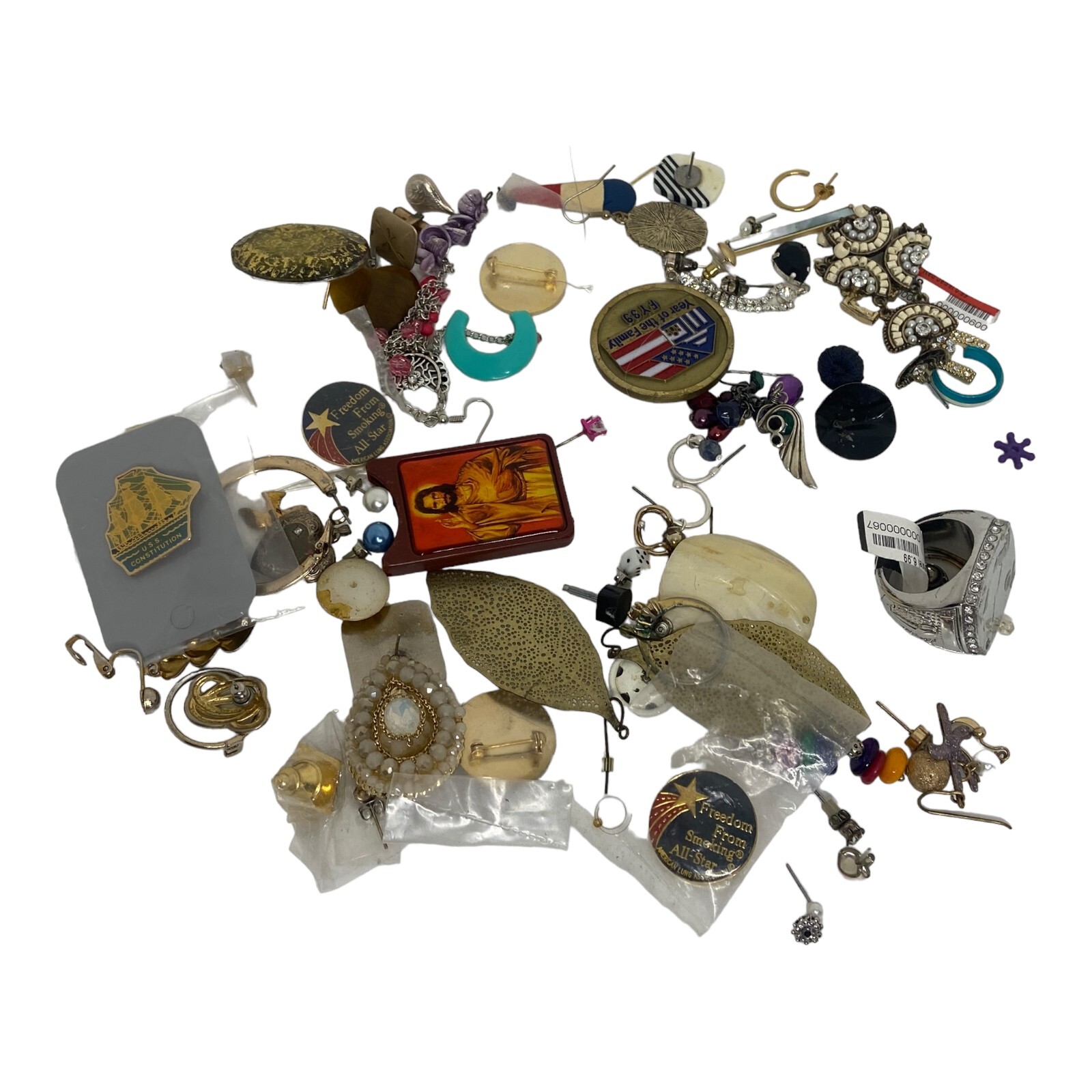 💜 9 oz MIXED LOT COSTUME JEWELRY EARRINGS, PIN, RING UNMATCHED SETS USED B7