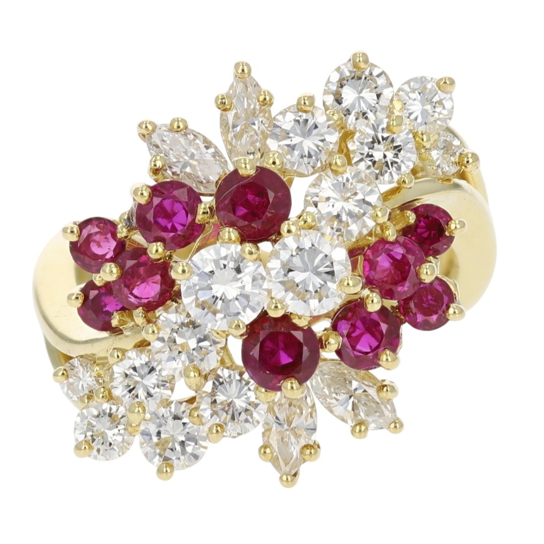 3.29ctw Ruby and Diamond Cluster Statement Ring 18k Yellow Gold Size 6.75