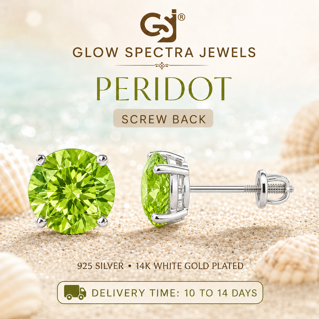 2.00CT Solitaire Green Peridot Stud Erring Screw Back 14k White Gold Plated