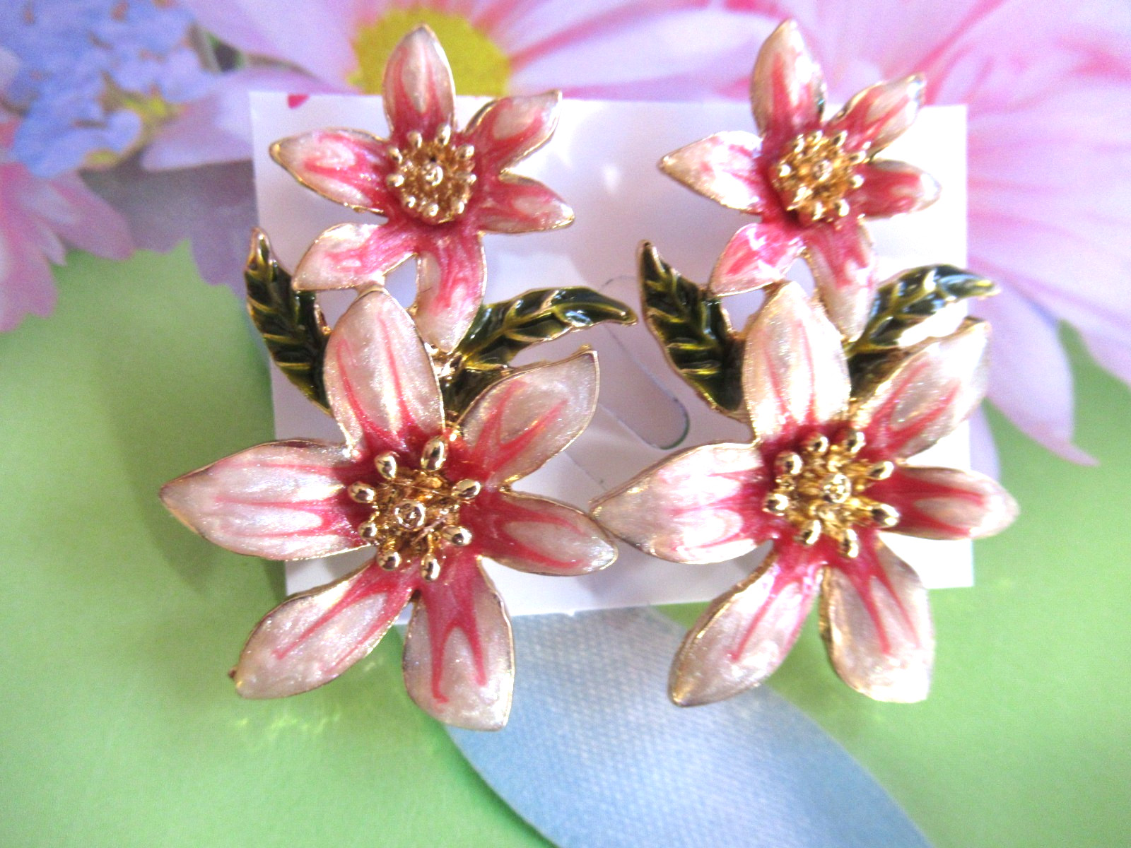 Dangling Glazy MULTI COLOR Enamel FLOWERS LEAVES Pierced STUD EARRINGS-Choose