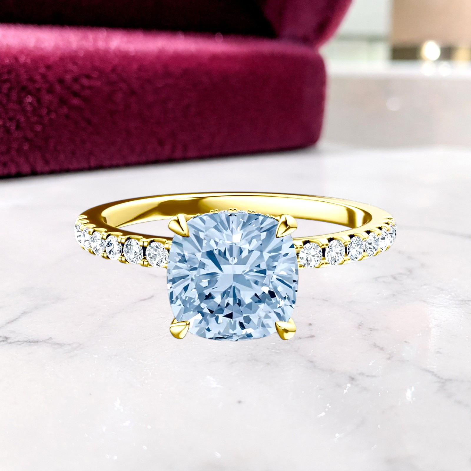 2.75 Ct Cushion Cut IGI Lab Grown Fancy Vivid Blue Diamond Ring 14k Yellow Gold
