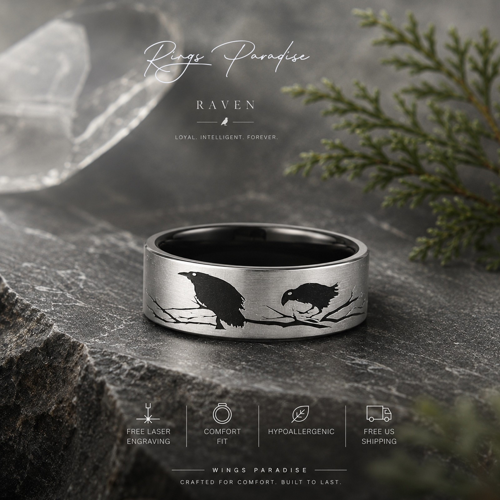 Raven Ring | Black Tungsten Wedding Band With Tree Branch Engraving