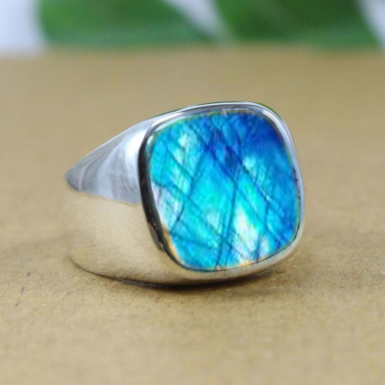 Solid 925 Sterling Silver Natural Blue Labradorite Gemstone Men’s Unisex Ring