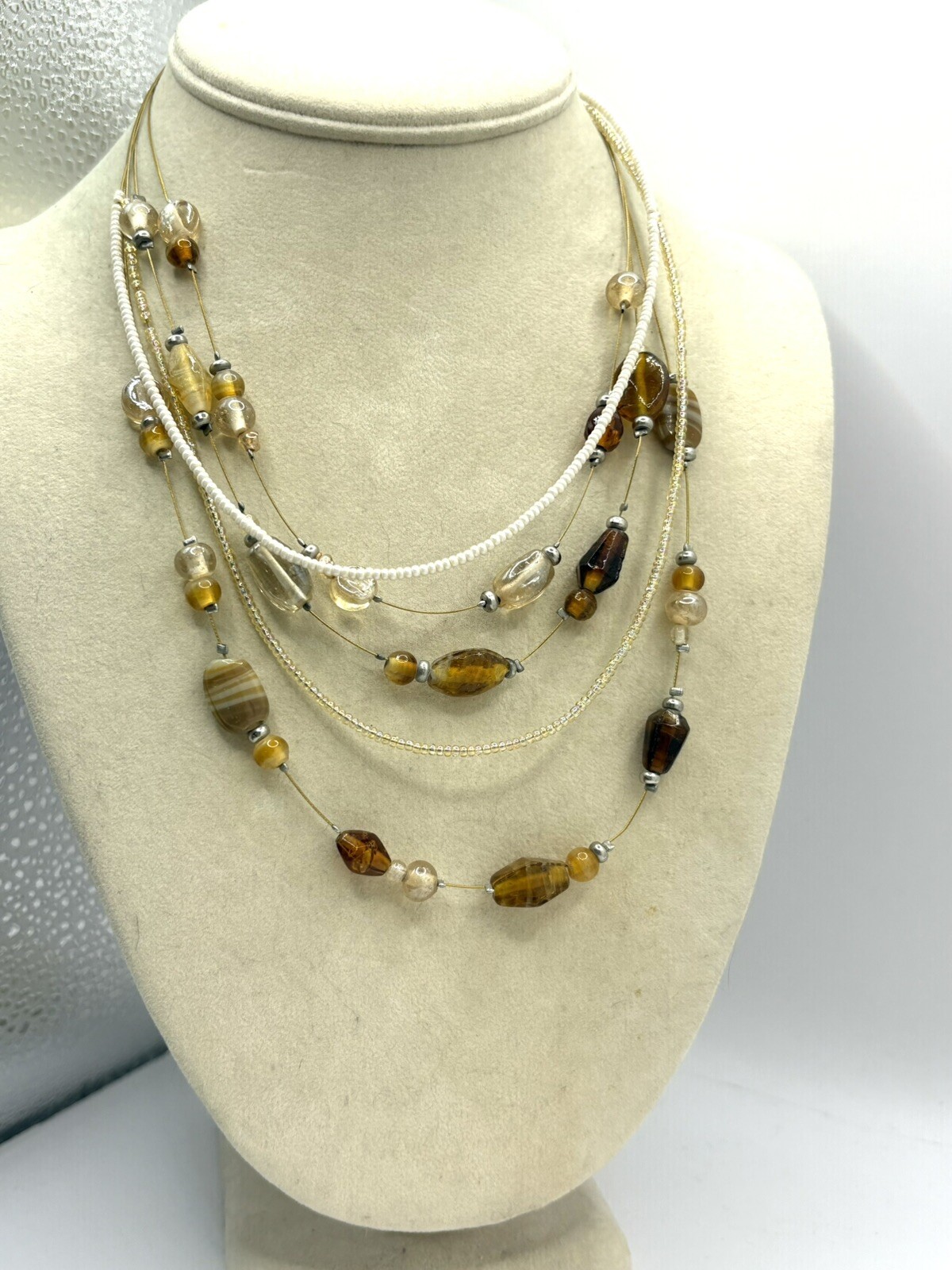 Shades Of Brown, Cream & Champagne Colored Beaded Layered Necklace