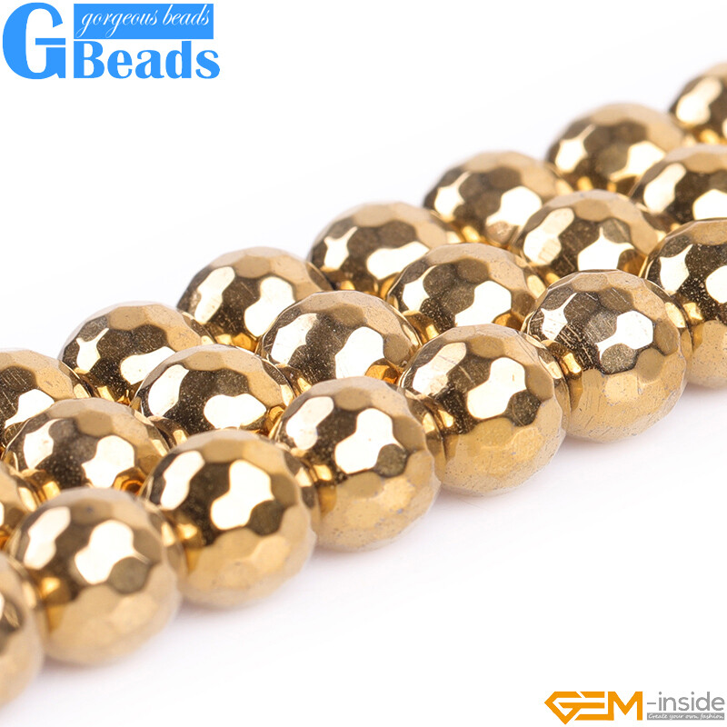 Gold Metallic Coated Reflections Hematite Faceted Round Beads 15″ Free Shipping