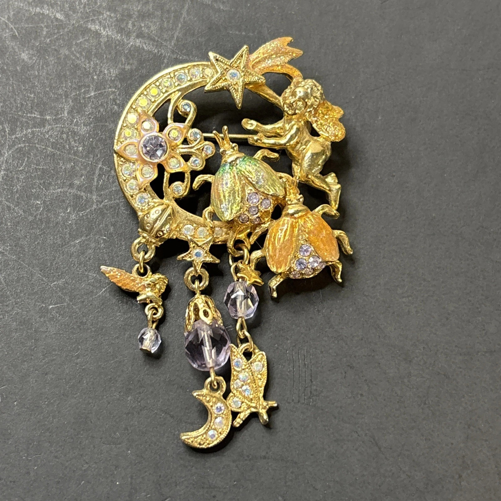 Signed Kirks Folly Fairy Fireflies Brooch Pin Dangle Stars Moon Flowers flies