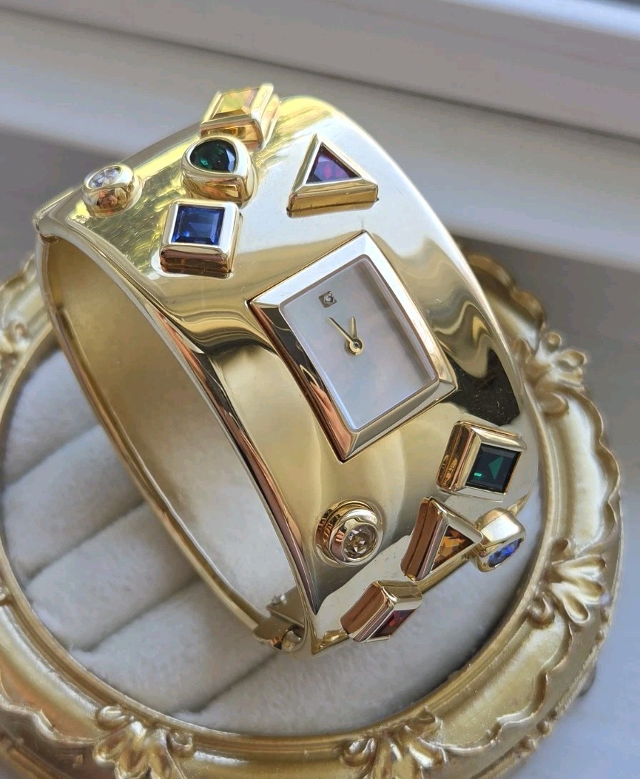 Vintage Franklin Mint Bob Mackie 24k GP Bezel Stone Cuff Watch Estate