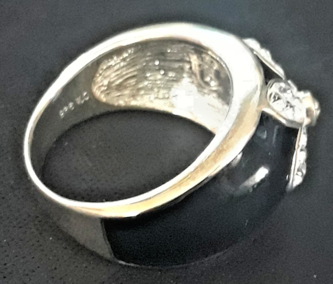 Vintage Sterling Silver & Black Enamel Crystal Flower Ring By CA Sz 9/19.2mm