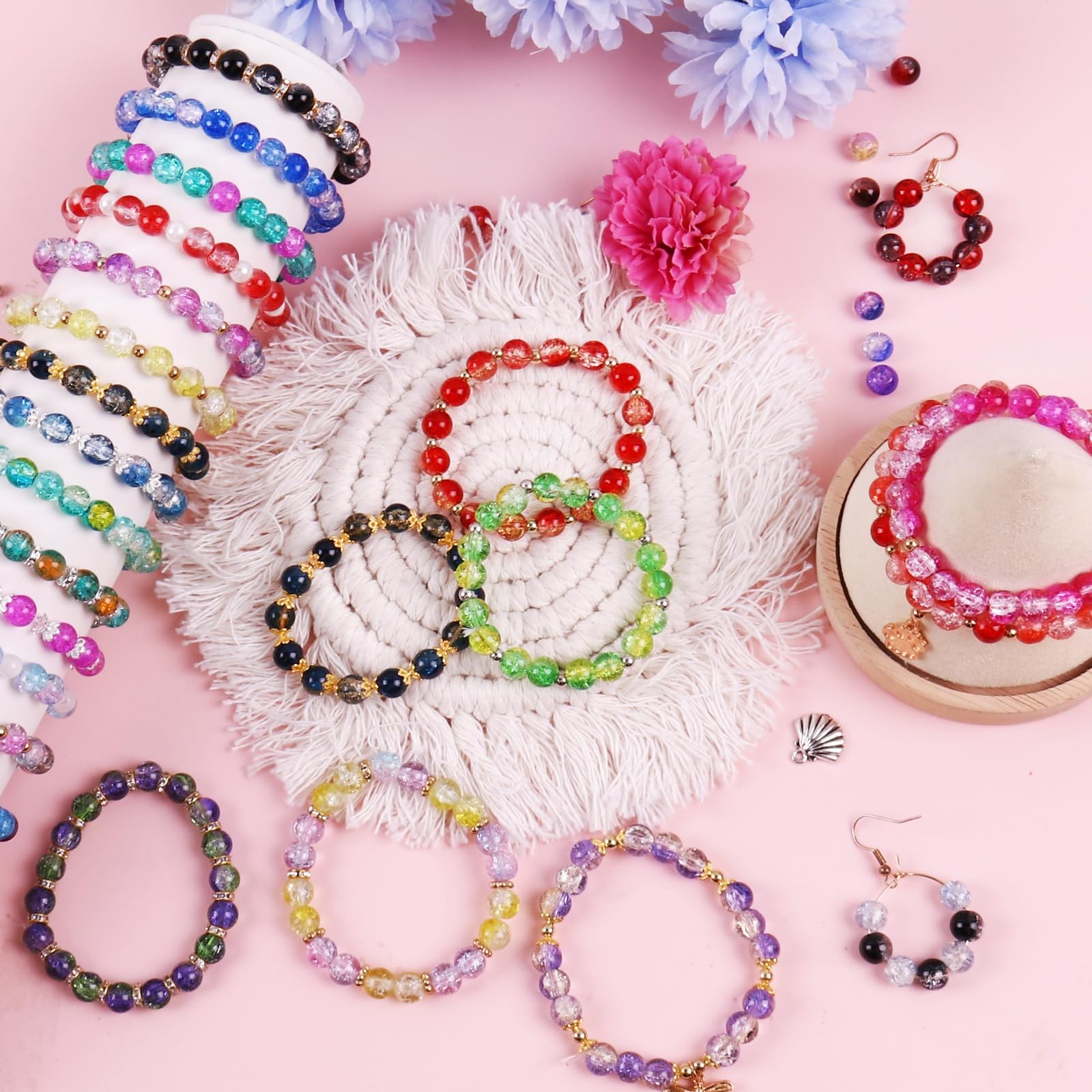 1800PCS 8mm Crackle Glass Beads Bracelet Making Kit, 48 Colors 8mm, crackle