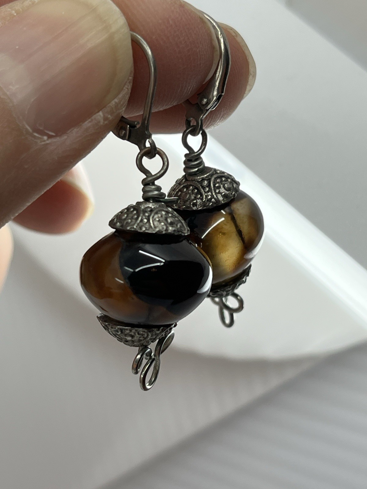 Artisan Silvertone Tiger’s Eye Filigree Earrings Secure Hook 1.25”