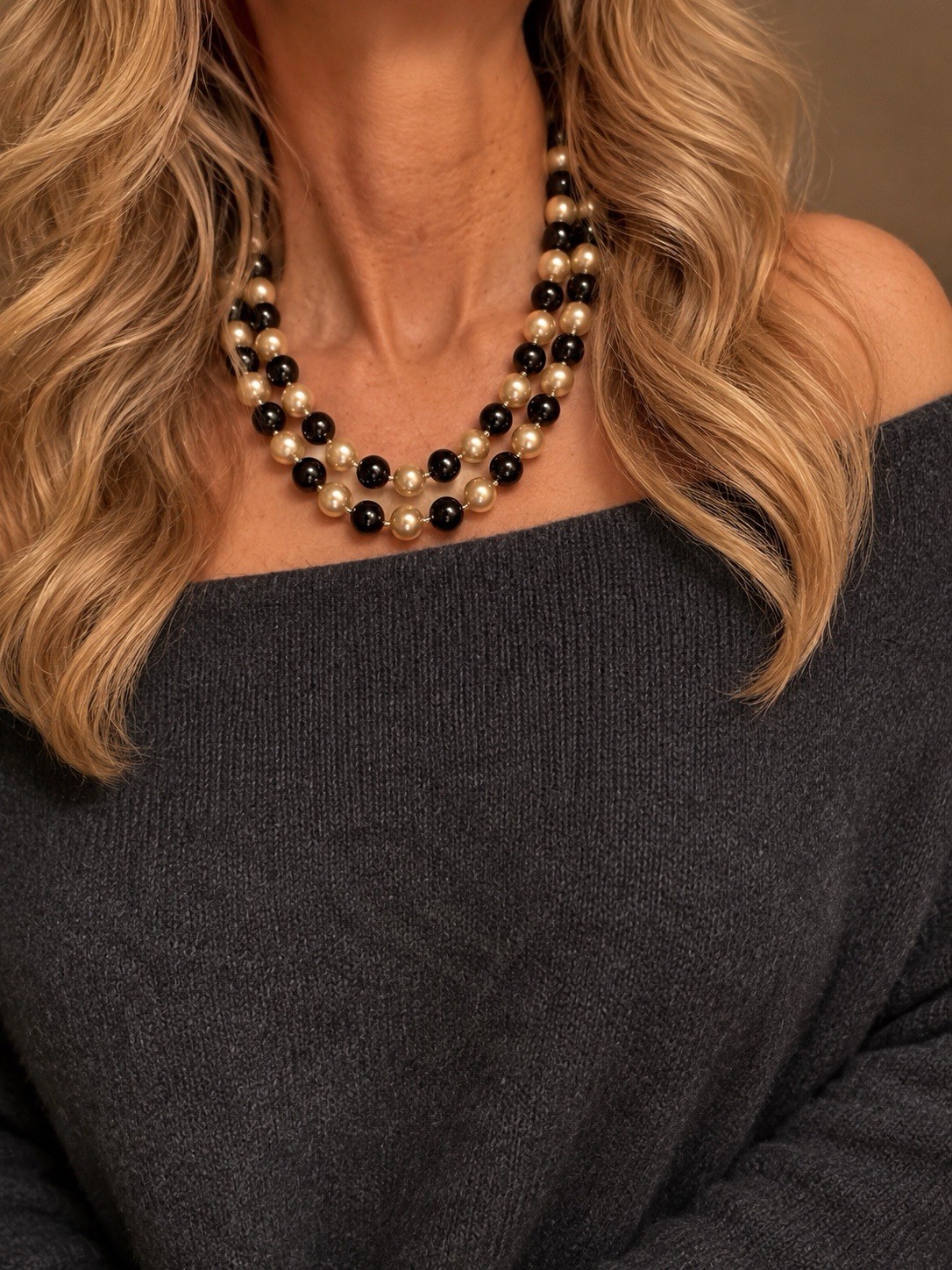 Black Ivory Faux Pearl Long Strand Necklace Convertible Wrap Bracelet 22”