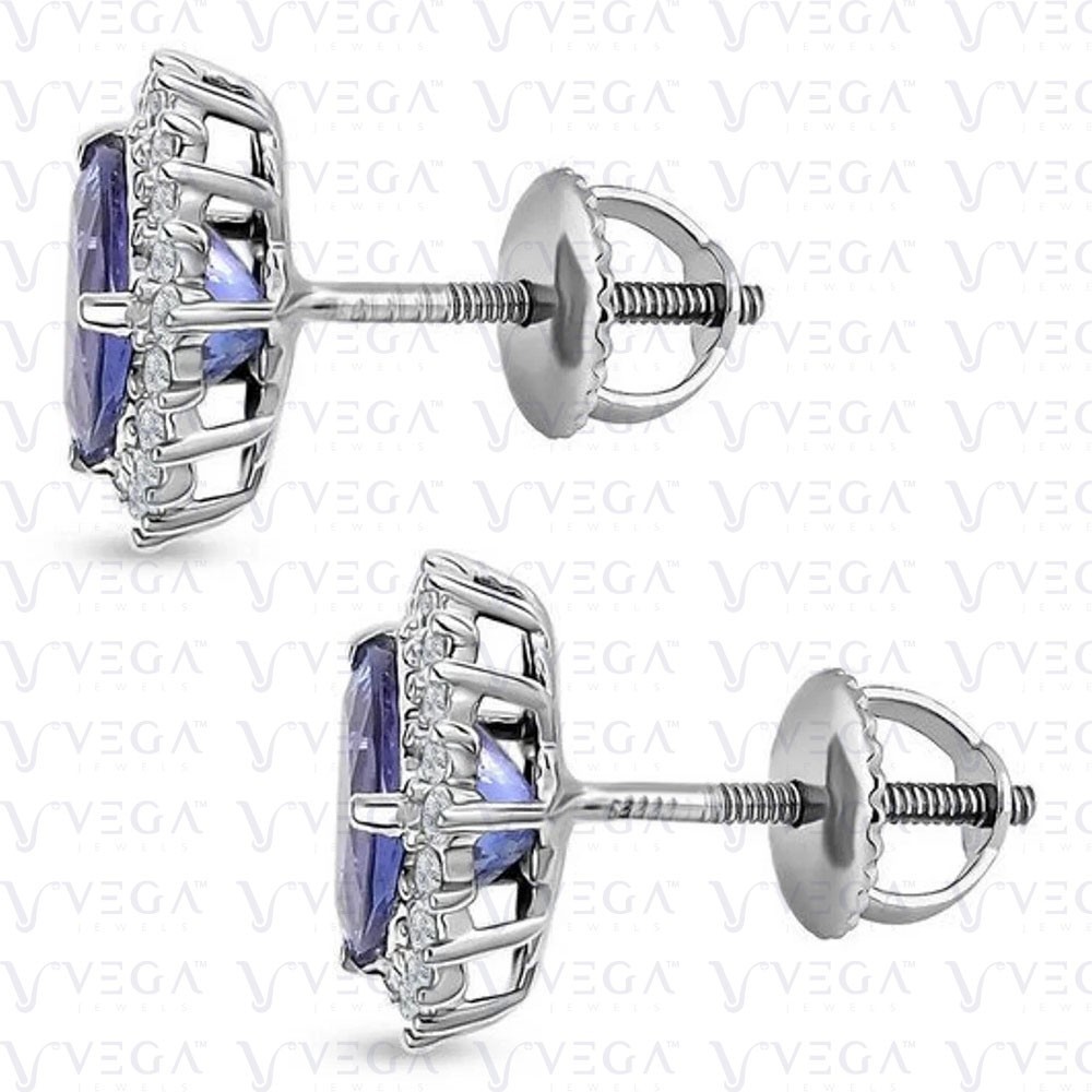 5Ct Trillion Natural Tanzanite & Diamond Stud Pair Earring 18k White Gold Plated